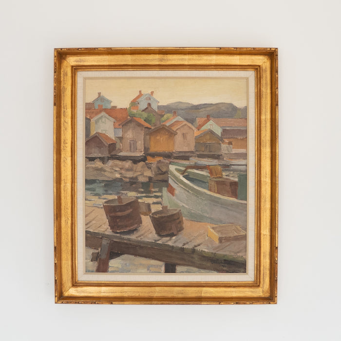 Cottages By The Harbour By Ellis Wallin Dated 1947